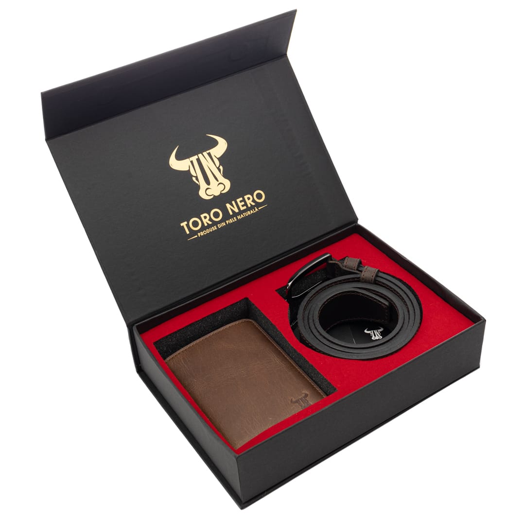 Set cadou portofel + curea din piele pentru barbati negru Muselles
