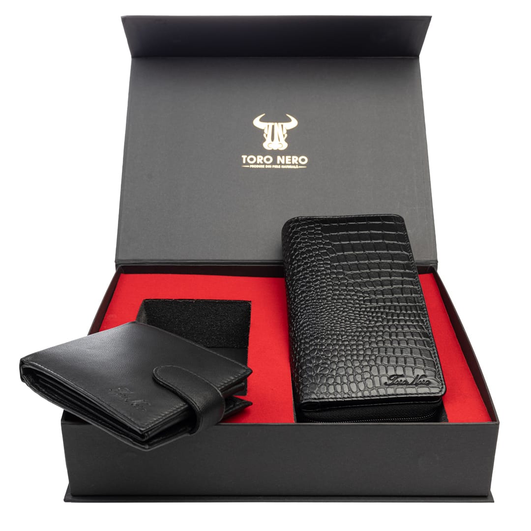 Set cadou portofel femei+ portofel barbati din piele naturala
