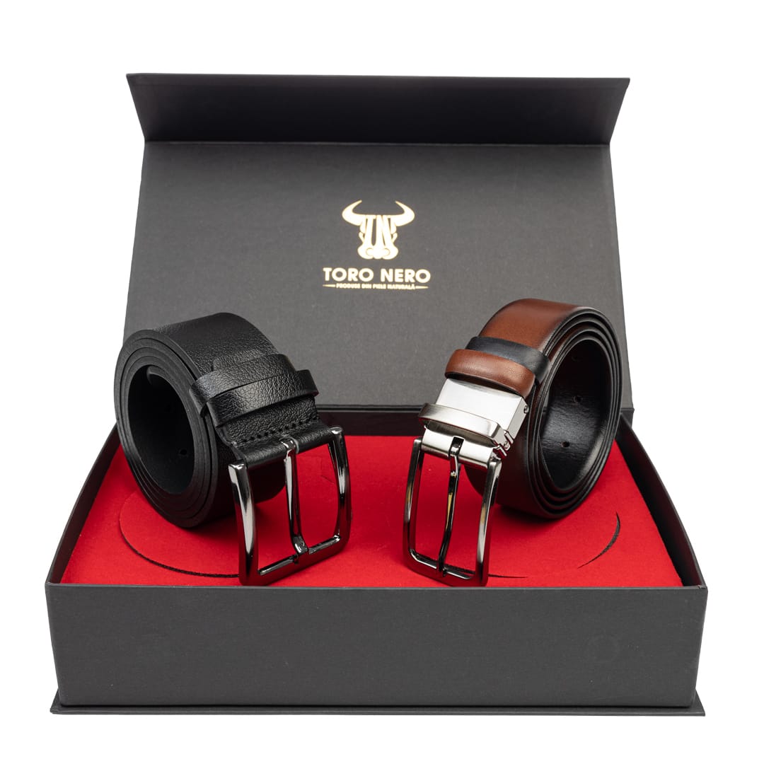 set-cadou-curea-barbati-piele-naturala-casual-elegant-negru-maro-Verso-Modern-Night