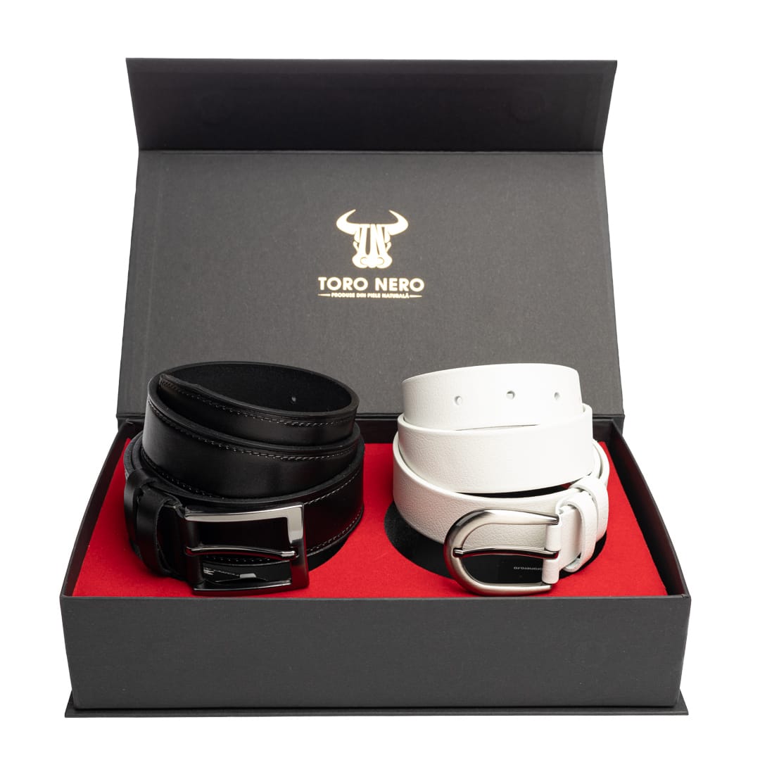 set-cadou-curea-femeicurea-barbati-piele-naturala-negru-alb-Elegant-Classic