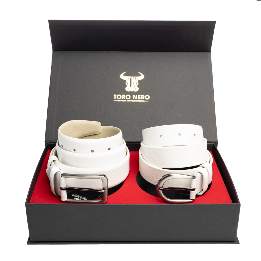set-cadou-curea-femeicurea-barbati-piele-naturala-alb-Elegant-Simple
