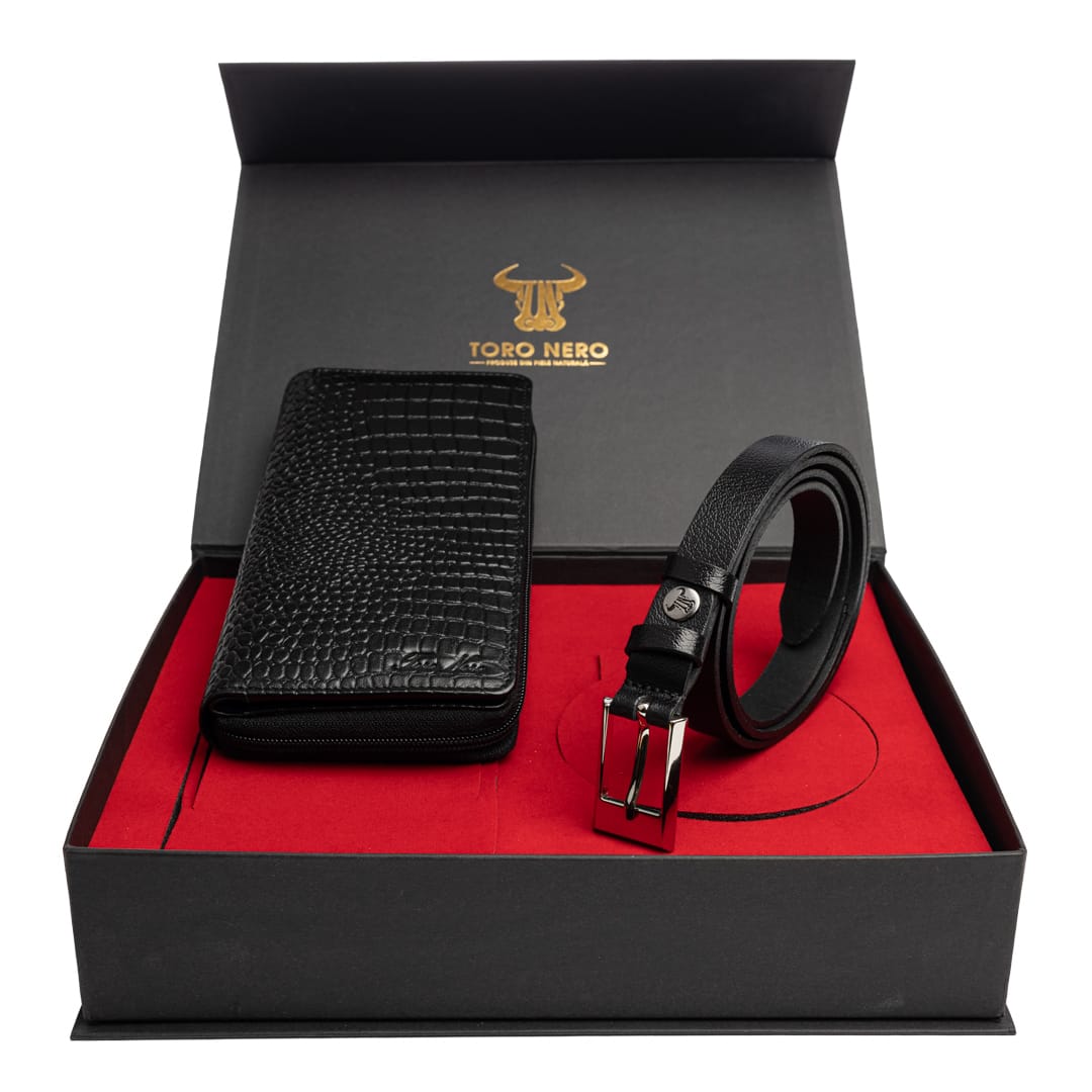 Set cadou portofel + curea din piele pentru femei negru Gia-Slim
