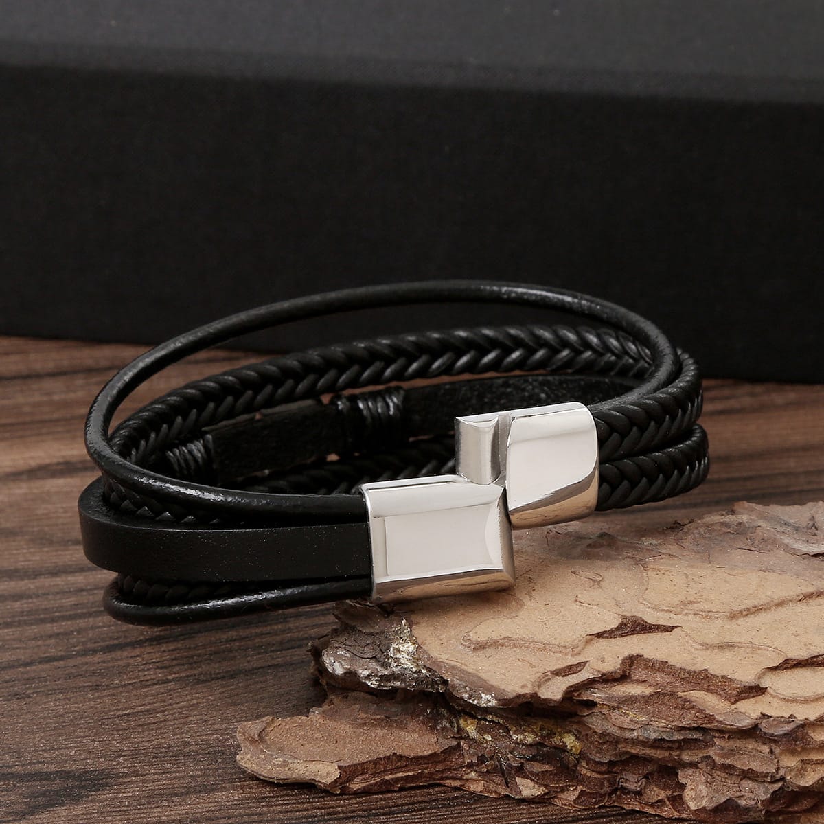 Bratara-barbati-piele-naturala-negru-Compass1