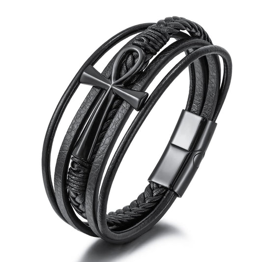 Bratara-barbati-piele-naturala-negru-Cruce