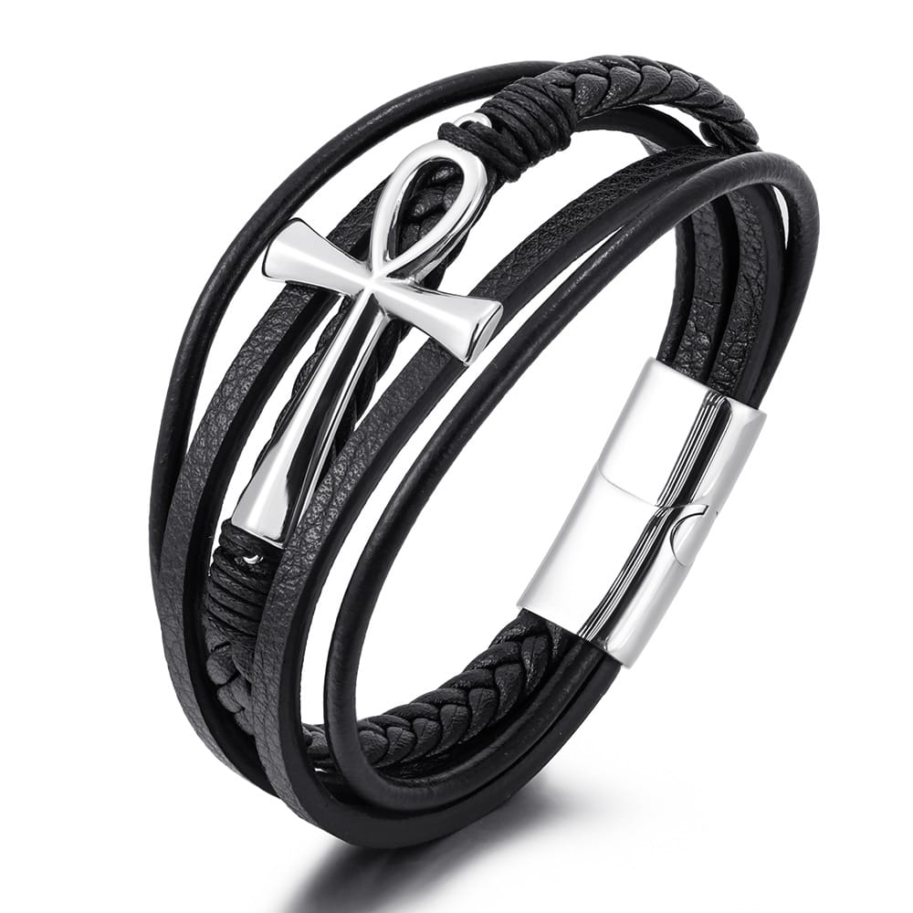 Bratara-barbati-piele-naturala-negru-argintiu-Cruce