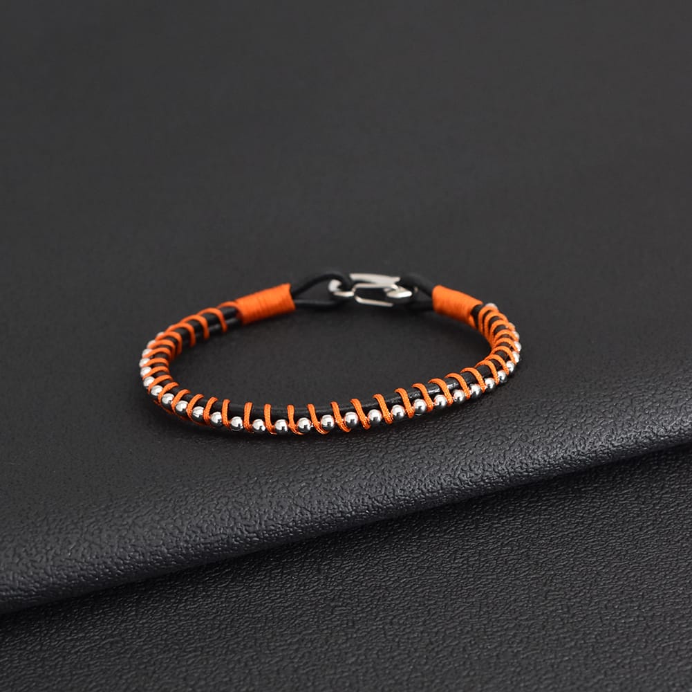 Bratara-barbati-piele-naturala-negru-portocaliu-Line2