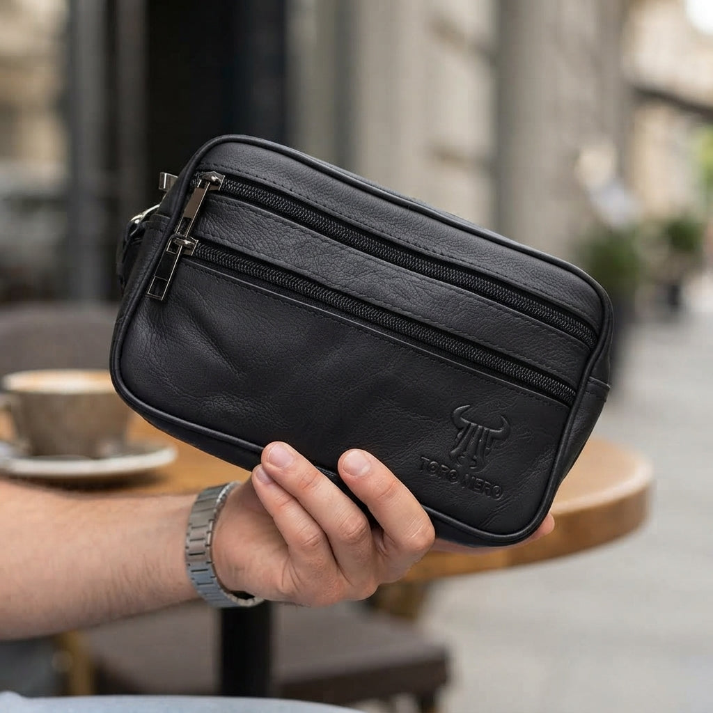 Borseta barbati din piele naturala neagra Hand and belt carrier