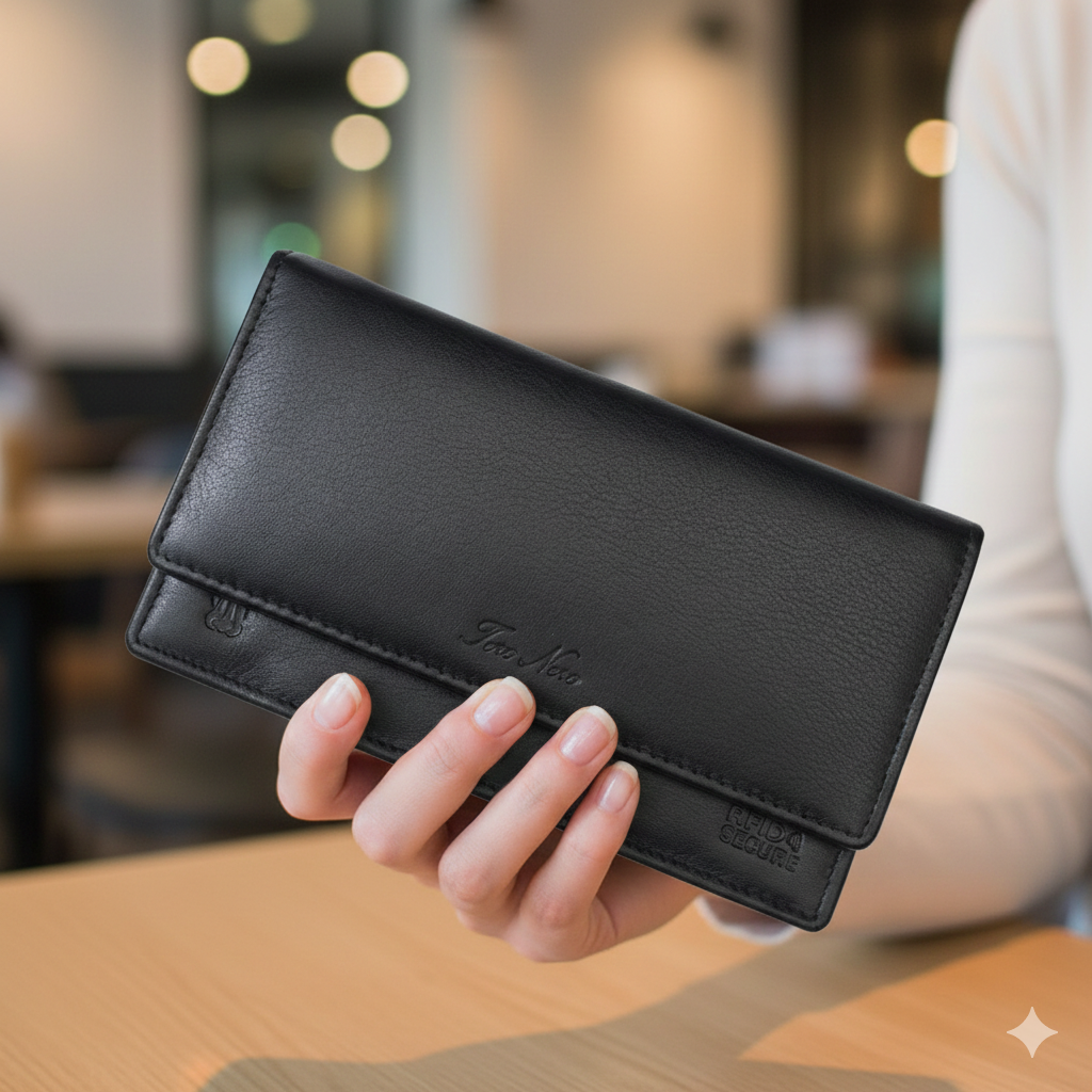 Portofel femei din piele naturala negru Cloudy,protectie Rfid