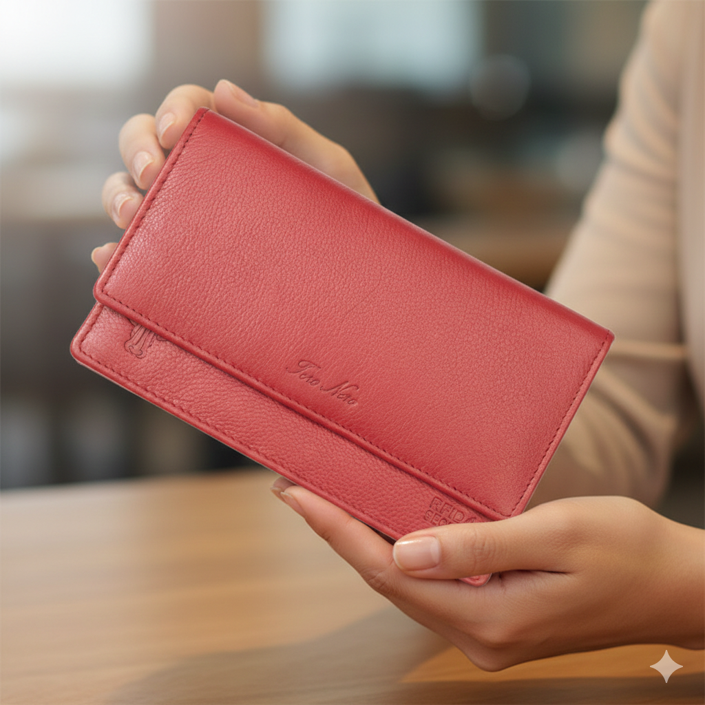 Portofel femei din piele naturala rosu Cloudy,protectie Rfid