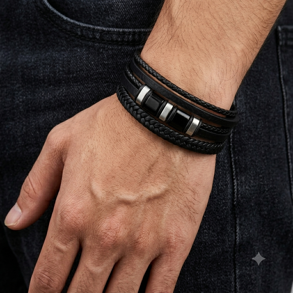 Bratara barbati din piele naturala negru Eclipse