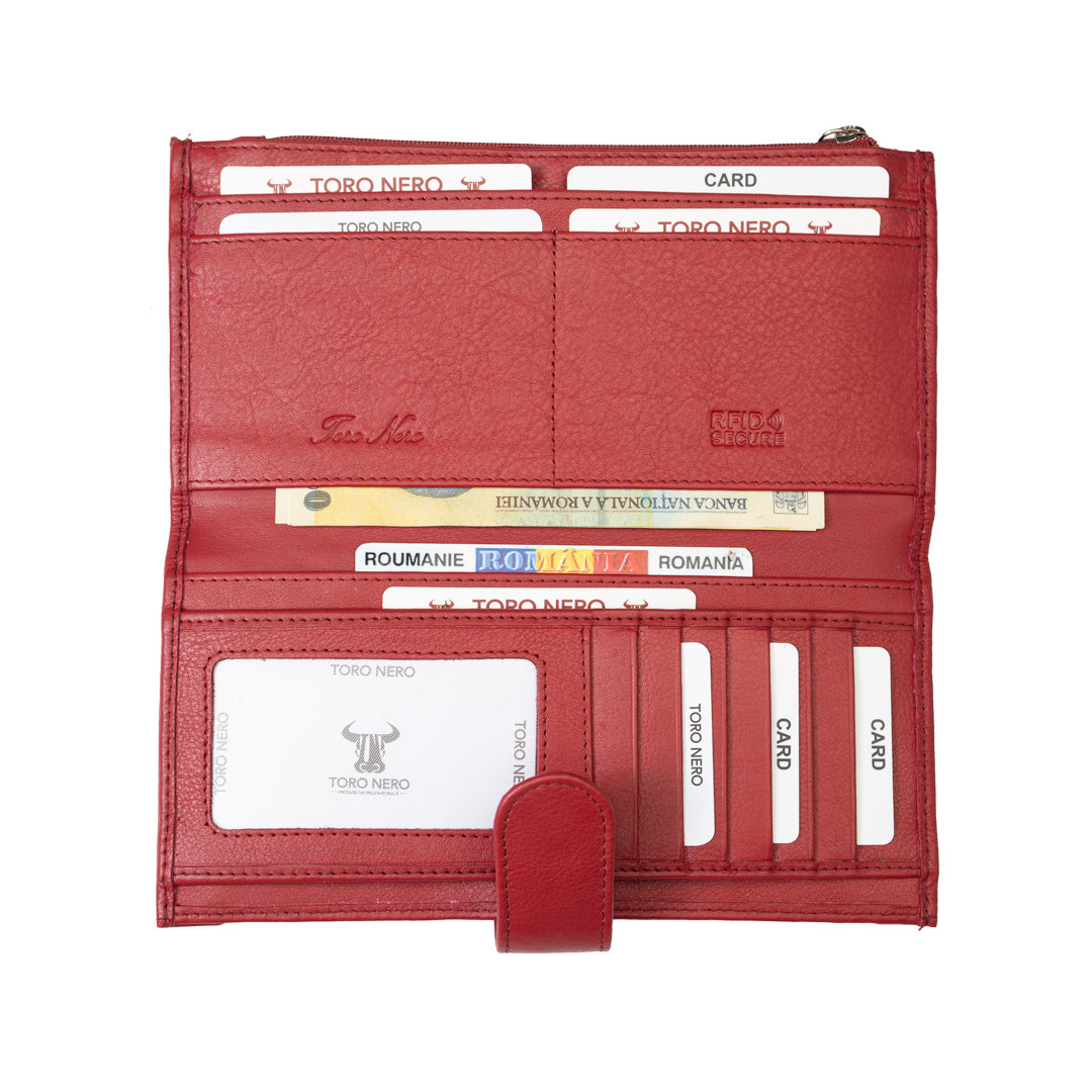Portofel femei din piele naturala rosu Cory,protectie Rfid