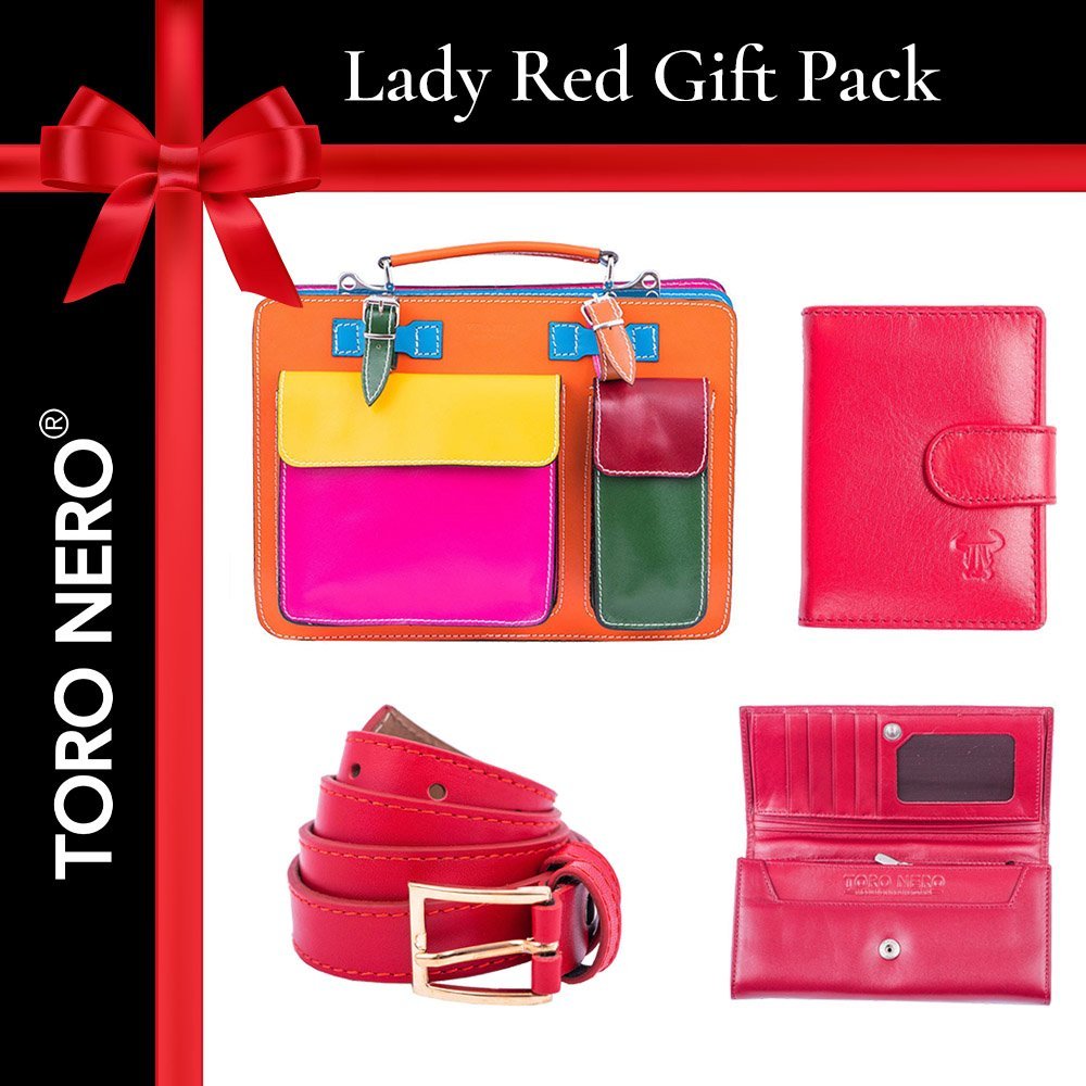 Set cadou port-card+portofel+geanta+curea din piele pentru femei Lady Red